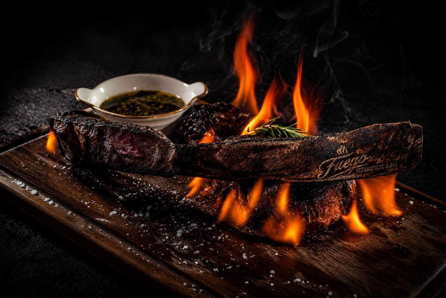 Flame-finished tomahawk steak branded with the Fuego Steakhouse & Bar mark, with chimichurri and rosemary